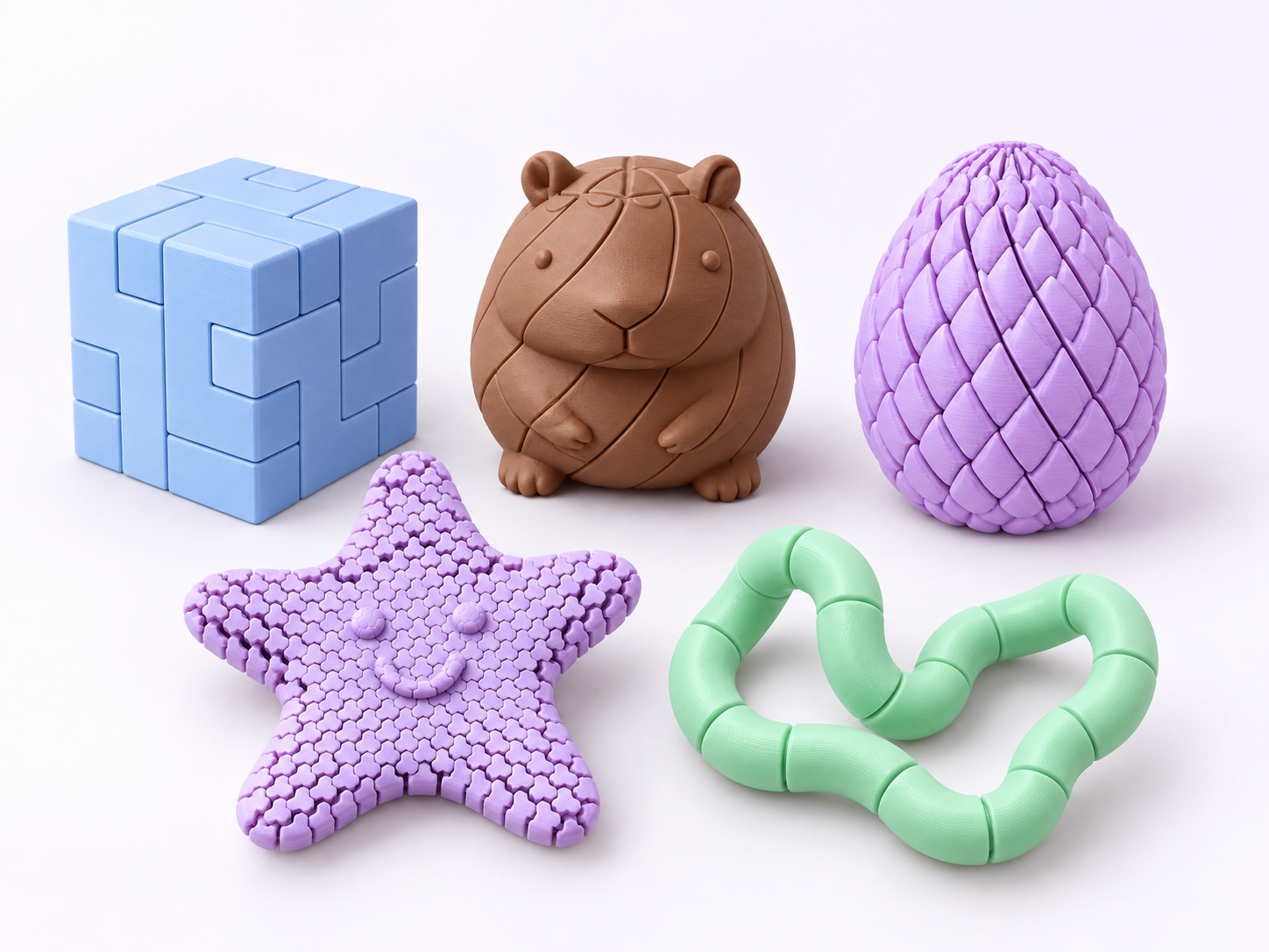Composição ilustrativa com estrela lilás, capivara marrom, cubo azul, corrente verde menta e ovo de dragão lilás